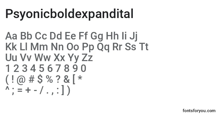 Czcionka Psyonicboldexpandital – alfabet, cyfry, specjalne znaki