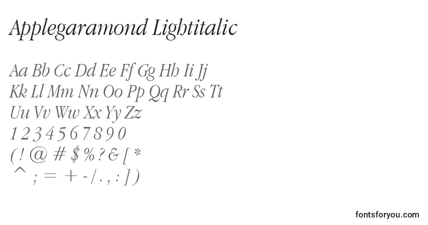Шрифт Applegaramond Lightitalic – алфавит, цифры, специальные символы