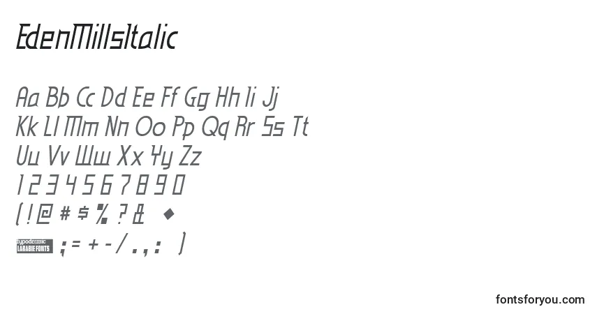 A fonte EdenMillsItalic – alfabeto, números, caracteres especiais