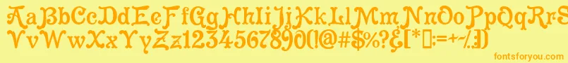 フォントCleopatra – オレンジの文字が黄色の背景にあります。