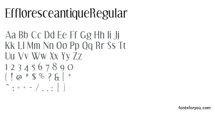 A fonte EffloresceantiqueRegular – alfabeto, números, caracteres especiais