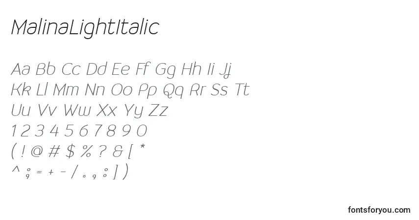 Schriftart MalinaLightItalic – Alphabet, Zahlen, spezielle Symbole