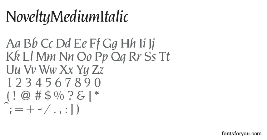 NoveltyMediumItalic-fontti – aakkoset, numerot, erikoismerkit