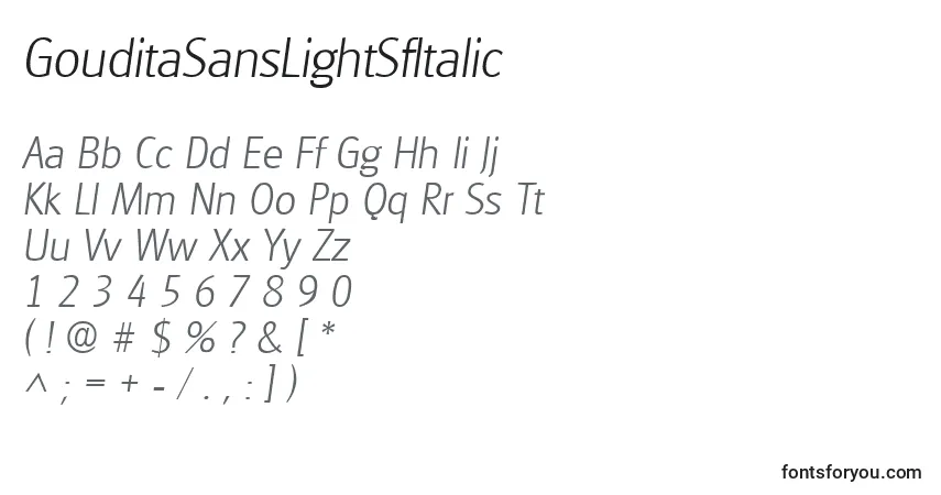 A fonte GouditaSansLightSfItalic – alfabeto, números, caracteres especiais