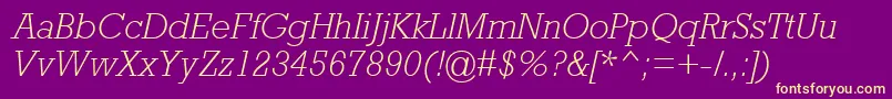 Fonte AstuteLightSsiLightItalic – fontes amarelas em um fundo roxo