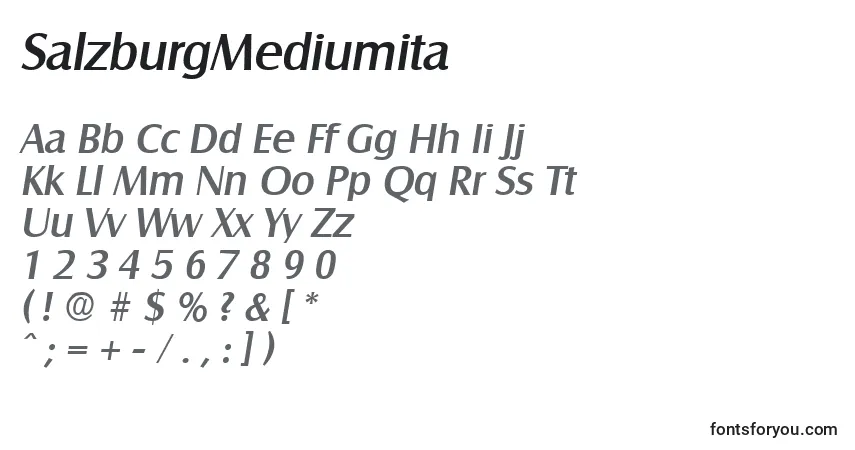 Czcionka SalzburgMediumita – alfabet, cyfry, specjalne znaki