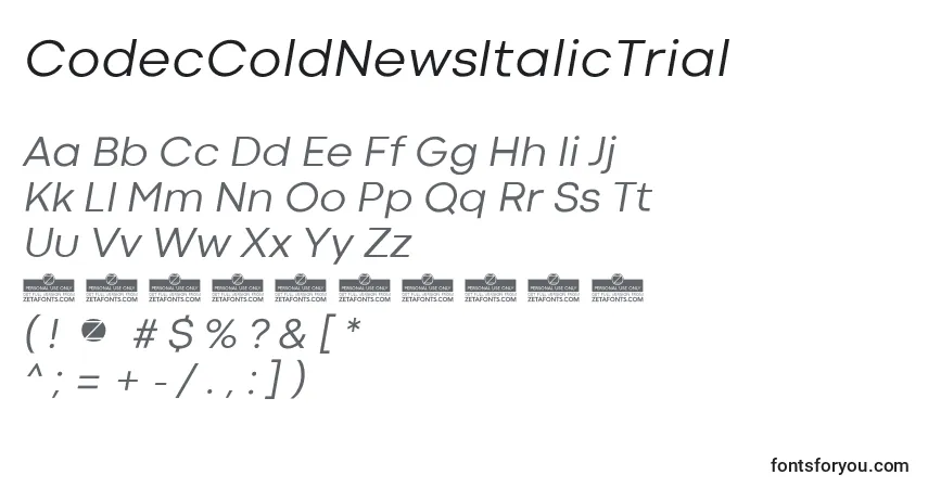 Шрифт CodecColdNewsItalicTrial – алфавит, цифры, специальные символы