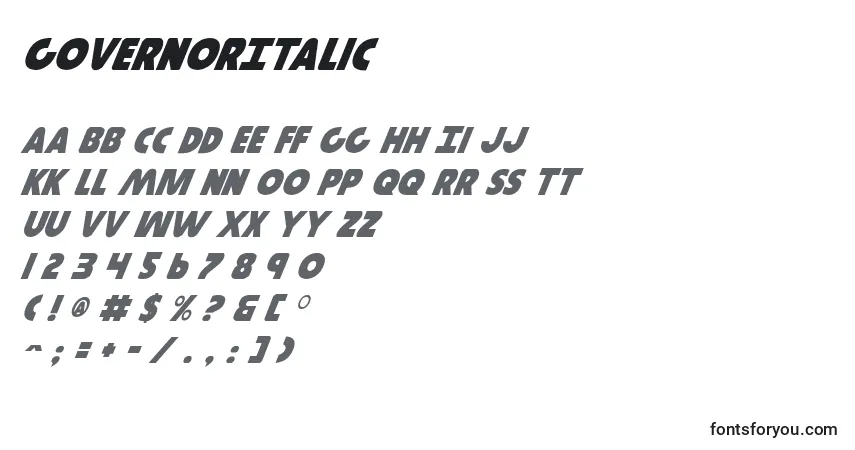 A fonte GovernorItalic – alfabeto, números, caracteres especiais