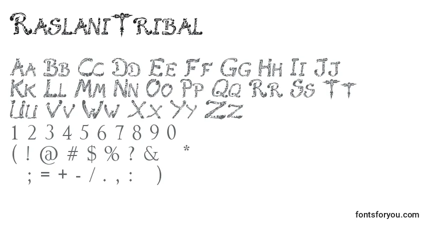 Schriftart RaslaniTribal – Alphabet, Zahlen, spezielle Symbole