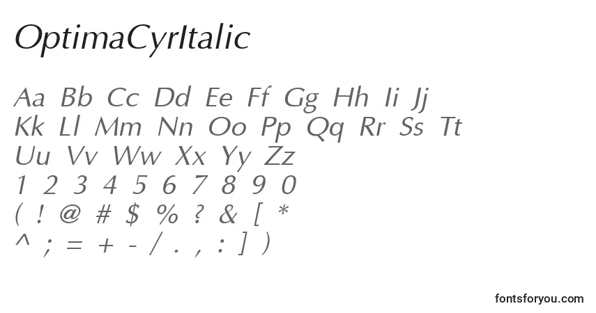 Czcionka OptimaCyrItalic – alfabet, cyfry, specjalne znaki