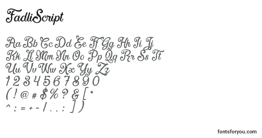 Czcionka FadliScript – alfabet, cyfry, specjalne znaki