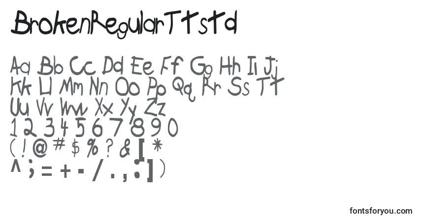 Czcionka BrokenRegularTtstd – alfabet, cyfry, specjalne znaki