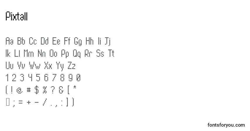 Pixtall-fontti – aakkoset, numerot, erikoismerkit