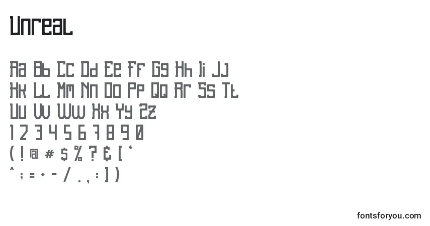 Unreal-fontti – aakkoset, numerot, erikoismerkit