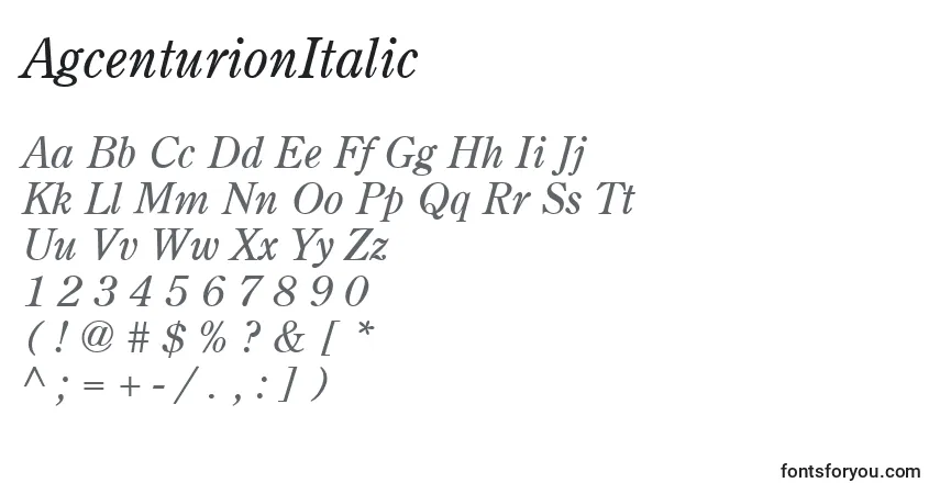 A fonte AgcenturionItalic – alfabeto, números, caracteres especiais