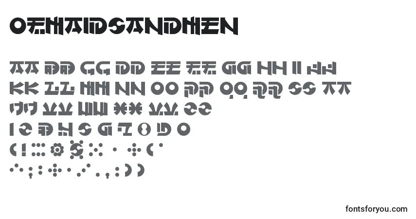 A fonte OfMaidsAndMen – alfabeto, números, caracteres especiais