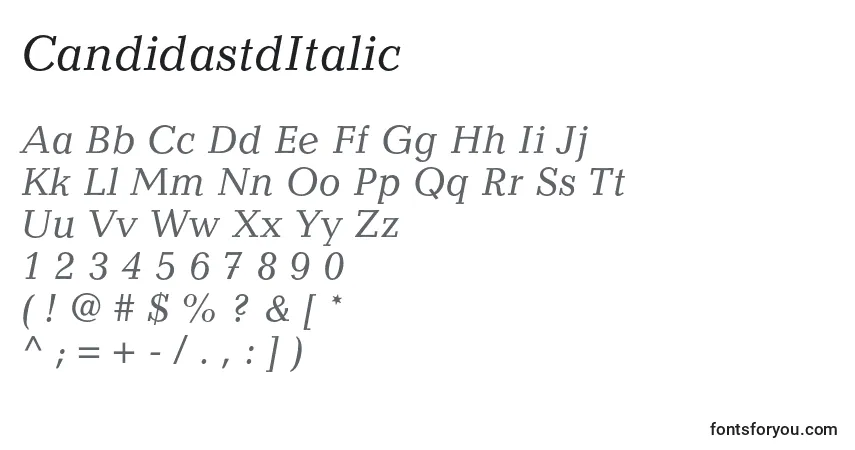 A fonte CandidastdItalic – alfabeto, números, caracteres especiais