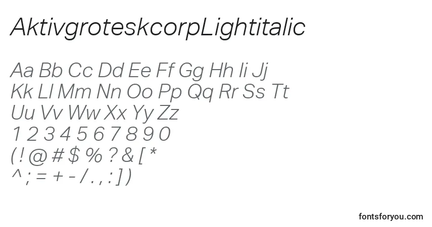 A fonte AktivgroteskcorpLightitalic – alfabeto, números, caracteres especiais