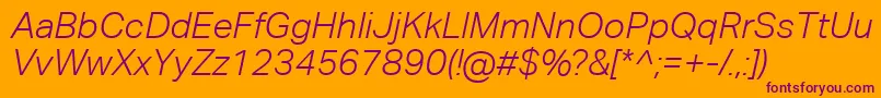 AktivgroteskcorpLightitalic-Schriftart – Violette Schriften auf orangefarbenem Hintergrund