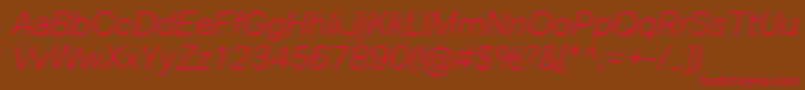 フォントAktivgroteskcorpLightitalic – 赤い文字が茶色の背景にあります。