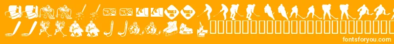 KrHockeyDings-Schriftart – Weiße Schriften auf orangefarbenem Hintergrund