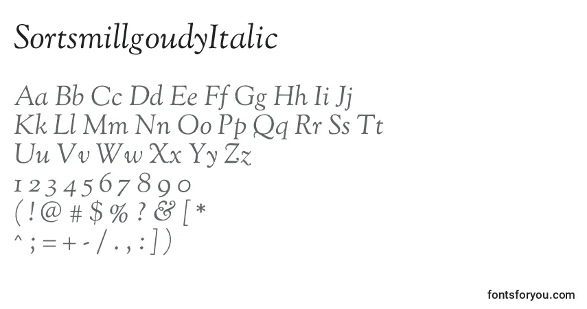 Шрифт SortsmillgoudyItalic – алфавит, цифры, специальные символы