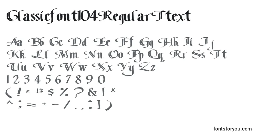Czcionka Classicfont104RegularTtext – alfabet, cyfry, specjalne znaki