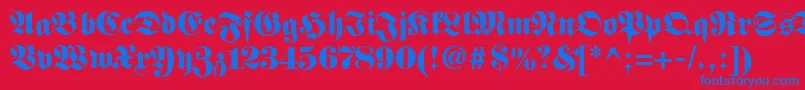 Fetteclassicunzfraktur-Schriftart – Blaue Schriften auf rotem Hintergrund