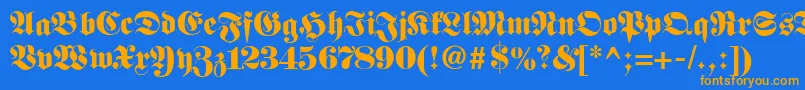 フォントFetteclassicunzfraktur – オレンジ色の文字が青い背景にあります。