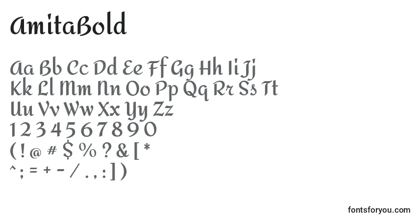 Czcionka AmitaBold – alfabet, cyfry, specjalne znaki