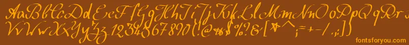 フォントWolgastScript – オレンジ色の文字が茶色の背景にあります。