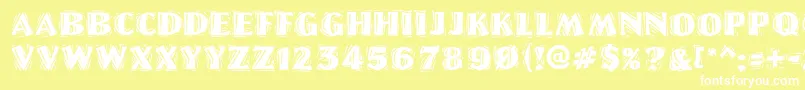 Weitere Informationen zur LinoletterCutRaggedRegular-Schriftart LinoletterCutRaggedRegular-Schriftart – Weiße Schriften auf gelbem Hintergrund