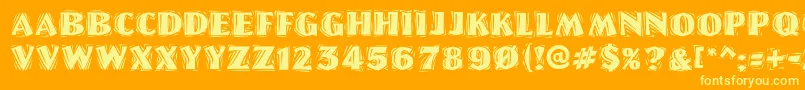 Weitere Informationen zur LinoletterCutRaggedRegular-Schriftart LinoletterCutRaggedRegular-Schriftart – Gelbe Schriften auf orangefarbenem Hintergrund