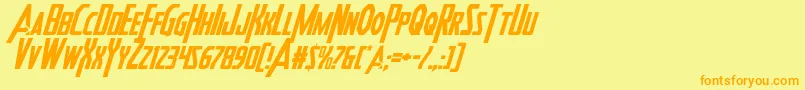 フォントHeroesassembleital – オレンジの文字が黄色の背景にあります。