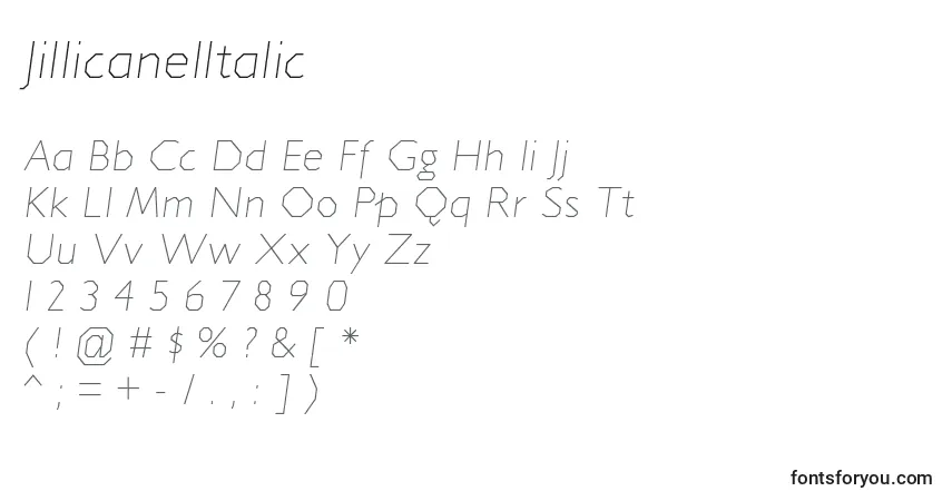 Schriftart JillicanelItalic – Alphabet, Zahlen, spezielle Symbole