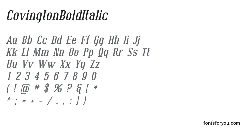 A fonte CovingtonBoldItalic – alfabeto, números, caracteres especiais