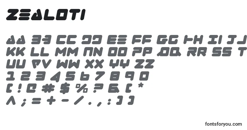 A fonte Zealoti – alfabeto, números, caracteres especiais