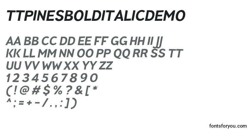 Czcionka TtPinesBoldItalicDemo – alfabet, cyfry, specjalne znaki