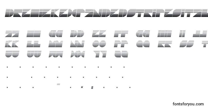 Czcionka DrebiekExpandedStripesItalic – alfabet, cyfry, specjalne znaki