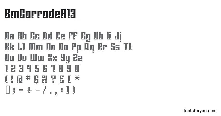 A fonte BmCorrodeA13 – alfabeto, números, caracteres especiais