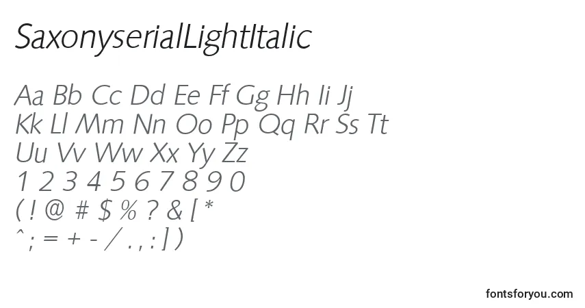 A fonte SaxonyserialLightItalic – alfabeto, números, caracteres especiais