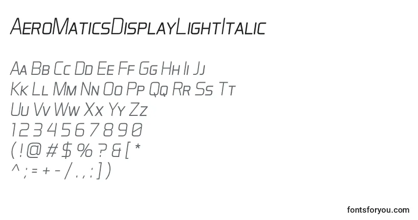 A fonte AeroMaticsDisplayLightItalic – alfabeto, números, caracteres especiais