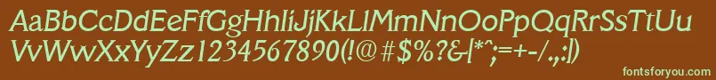 フォントVeracruzSerialRegularitalicDb – 緑色の文字が茶色の背景にあります。