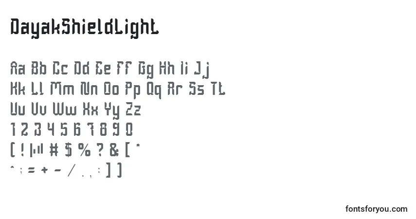 A fonte DayakShieldLight – alfabeto, números, caracteres especiais