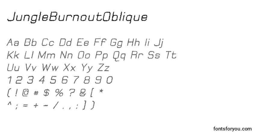 characters of jungleburnoutoblique font, letter of jungleburnoutoblique font, alphabet of  jungleburnoutoblique font