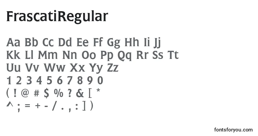 Czcionka FrascatiRegular – alfabet, cyfry, specjalne znaki
