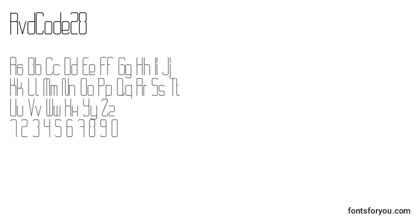 Czcionka RvdCode28 – alfabet, cyfry, specjalne znaki
