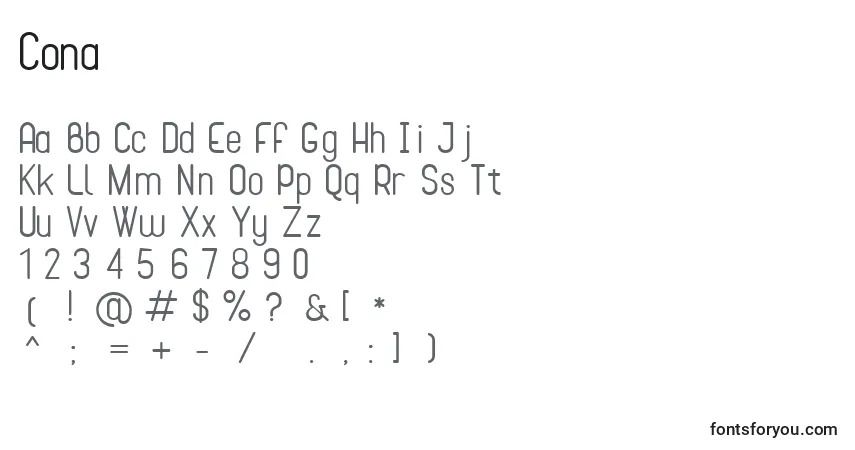 Czcionka Cona – alfabet, cyfry, specjalne znaki