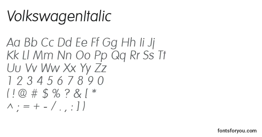 Czcionka VolkswagenItalic – alfabet, cyfry, specjalne znaki