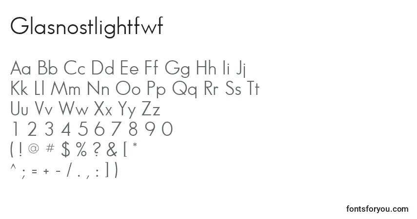 Czcionka Glasnostlightfwf – alfabet, cyfry, specjalne znaki